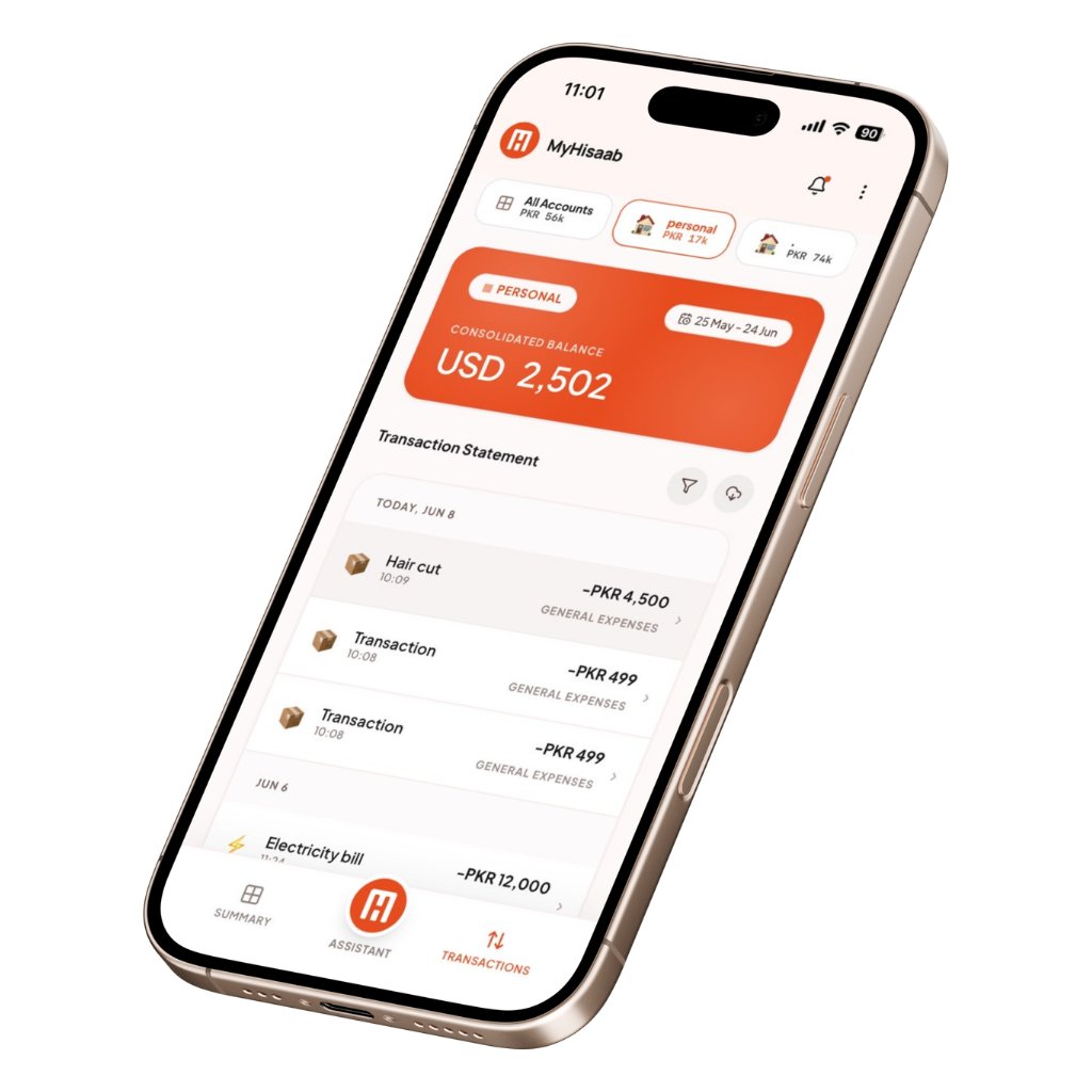 MyHisaab app showing a real-time transaction statement
